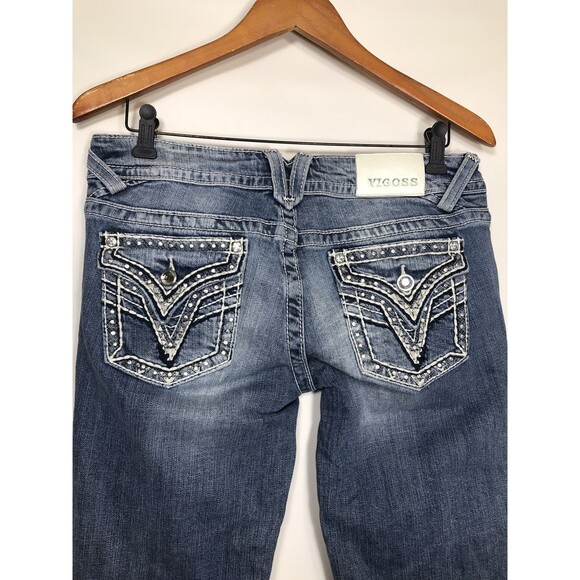 Vigoss Jeans Women junior Size 7  Capri Blue Denim Thick Stitching Jewelled - Picture 5 of 10